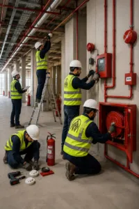 فنيو السهول الخليجية يركّبون أنظمة إنذار ومكافحة الحريق وبكرات الخراطيم